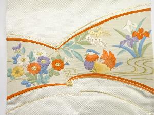 アンティーク　流水に花鳥模様　刺繍　名古屋帯